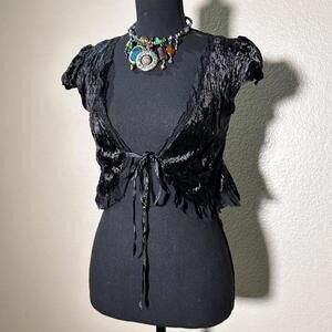 Black Velvet F.L.P Lace Trim Cropped Cardigan Fairy core Gothic Y2k Tie Front